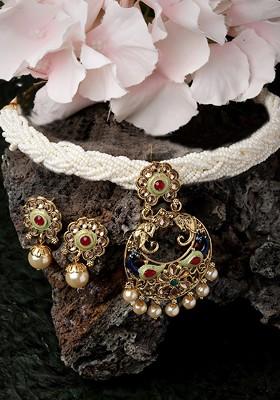 Gold Plated Stone Stud And Pearl Bead Jewellery Set