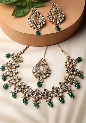Gold Plated Kundan Stone Stud And Pearl Bead Jewellery Set