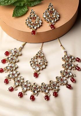 Gold Plated Kundan Stud And Pearl Bead Jewellery Set