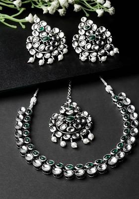 Silver Plated Kundan Stone Stud Oxidised Jewellery Set