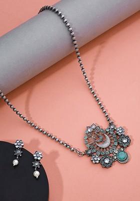 German Silver Plated Stone Studded Floral Shaped Jewellery Set
