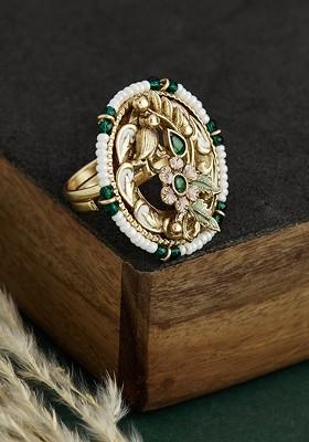 Gold Plated Kundan Studded And Beaded Finger Ring