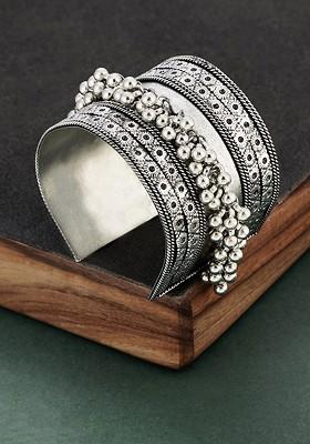Silver Plated And Ghunghroo Stone Studded And Beaded Adjustable Bangle