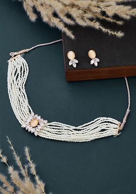 Rose Gold Plated Beaded And CZ Studded Floral Shaped Choker Jewellery Set