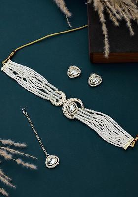 Gold Plated Kundan Studded And Pearl Beaded Crescent Shaped Jewellary Set