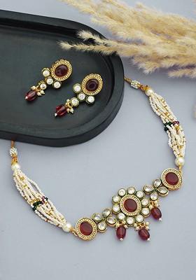 Gold Plated Kundan Studded And Beaded Jewellery Set