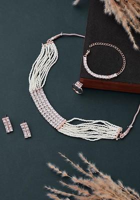 Rose Gold Plated CZ Studded And Beaded Choker Jewellery Set
