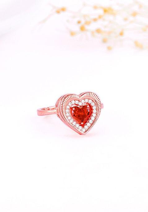 Indya X Giva 925 Sterling Silver Rose Gold Plated Stone Studded Heart Ring Adjustable Ring