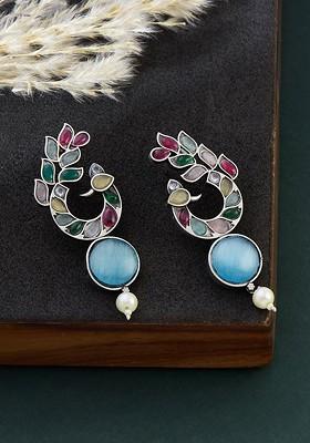 Silver Plated Kundan Studded Contemporary Drop Earrings