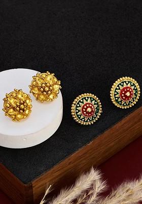 Set Of 2 Gold Plated Meenakari Floral Shaped Studs Earrings
