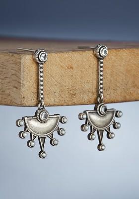 German Silver Plated Stone Studded Floral Shaped Drop Earrings