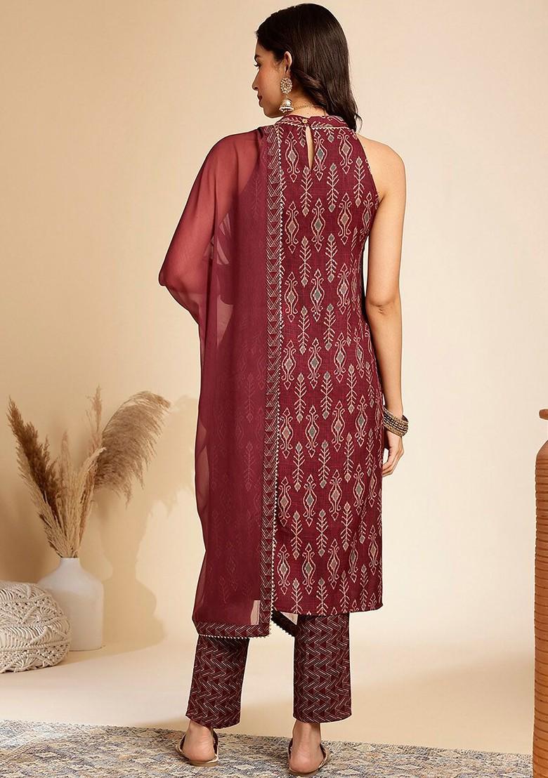 Ethnic Motifs Printed Halter Neck Sleeveless Regular Kurta With Trousers And Dupatta
