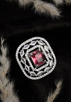 Silver Plated Cubic Zirconia Stones Studded Square Adjustable Finger Ring