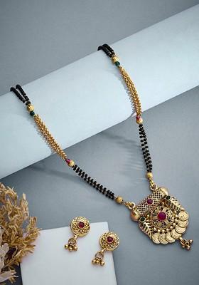 Gold Plated Stones Studded And Beaded Floral Mangalsutra With Earrings