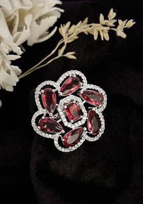 Silver Plated Cubic Zirconia Stones Studded Floral Adjustable Finger Ring