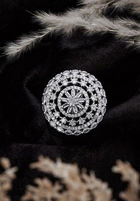 Silver Plated Cubic Zirconia Stones Studded Floral Adjustable Finger Ring