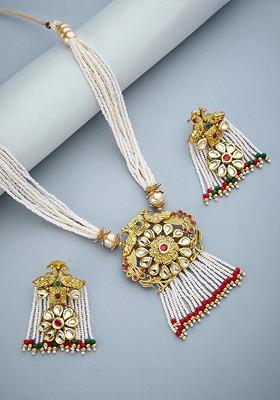 Gold Plated Kundan Studded And Beaded Jewellery Set