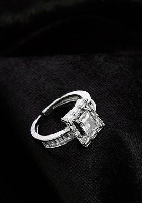 Silver Plated Cubic Zirconia Stones Studded Square Shaped Adjustable Finger Ring