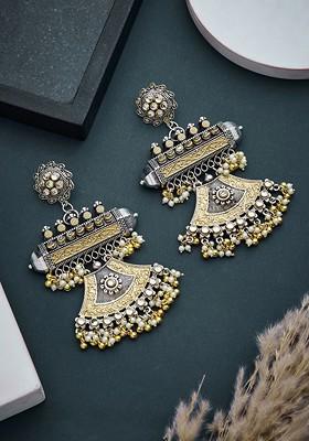 German Silver Kundan Studded Contemporary Drop Earrings