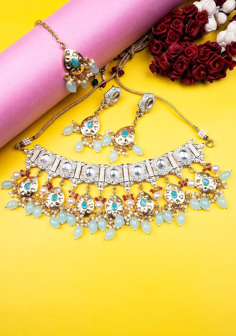 Gold Plated Kundan Studded And Beaded Necklace Set