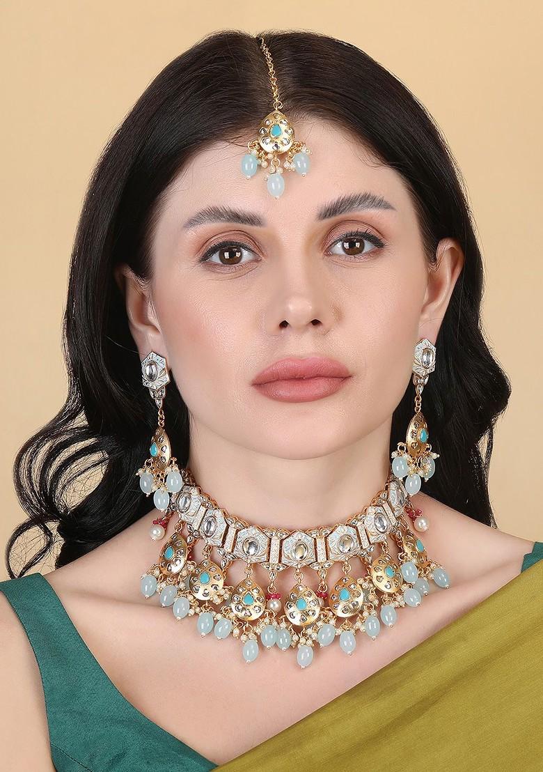 Gold Plated Kundan Studded And Beaded Necklace Set
