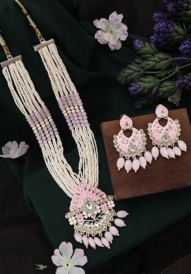 Gold Plated Pink And White CZ Studded And Beaded Necklace And Earrings