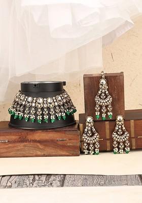 Gold Plated CZ Studded And Beaded Necklace And Earrings With Maang Tika