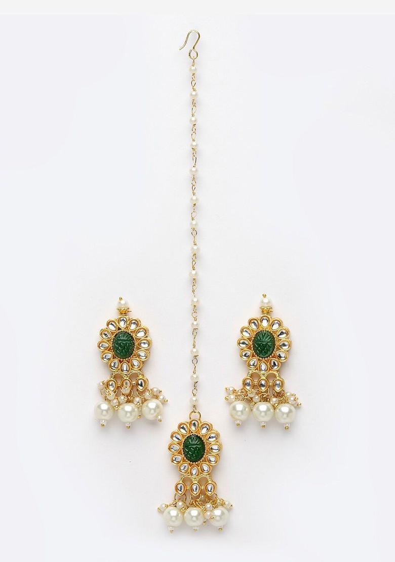 Gold Plated Kundan Studded And Beaded Necklace And Earrings With Maang Tika