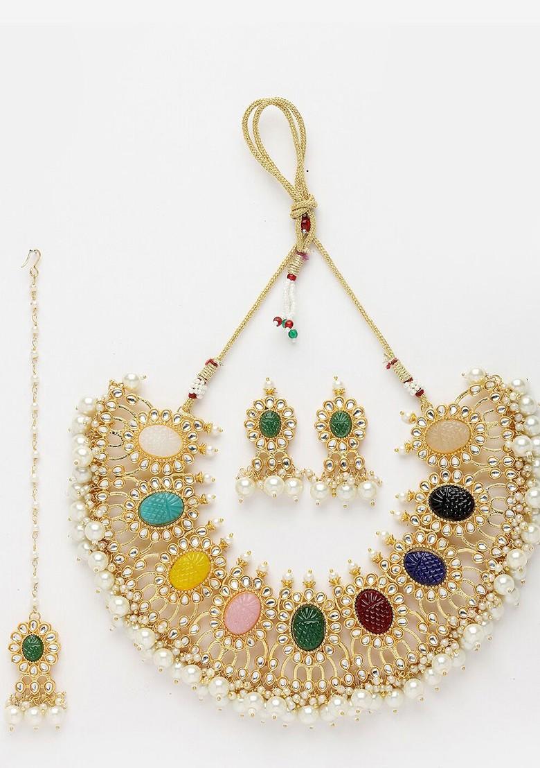 Gold Plated Kundan Studded And Beaded Necklace And Earrings With Maang Tika