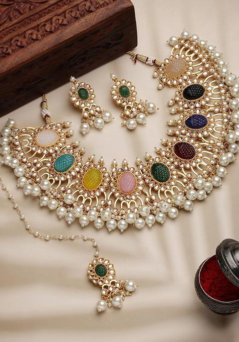 Gold Plated Kundan Studded And Beaded Necklace And Earrings With Maang Tika