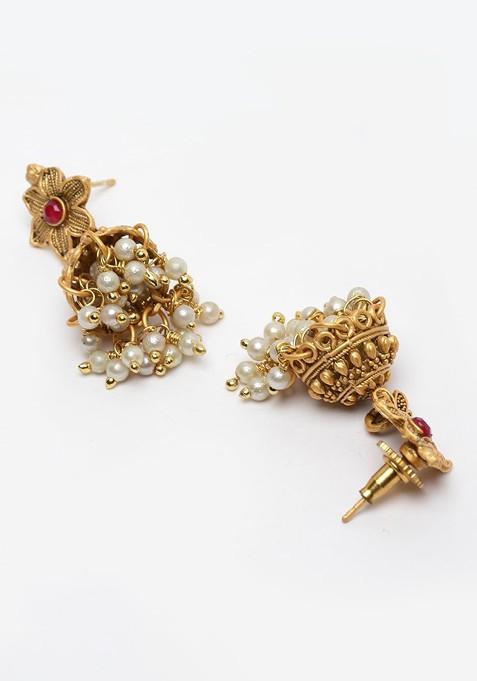 Gold Plated Kundan Studded And Beaded Necklace And Earrings