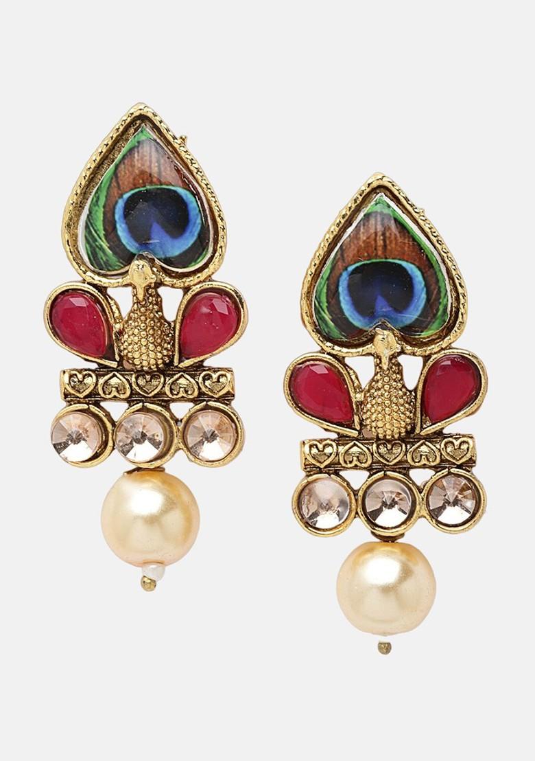 Gold Plated Stone Studded And Beaded Necklace And Earrings