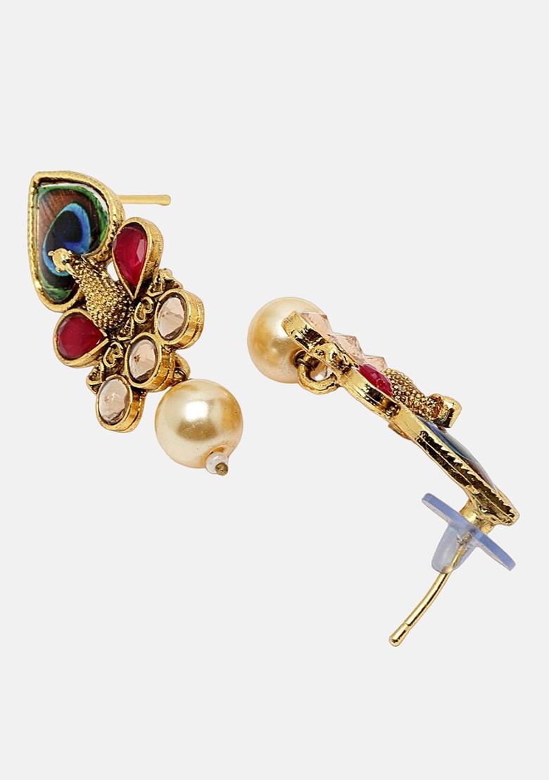 Gold Plated Stone Studded And Beaded Necklace And Earrings