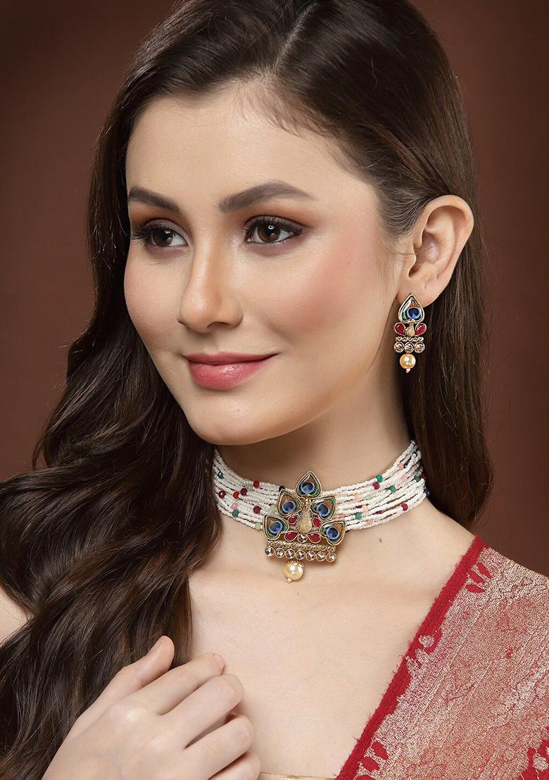 Gold Plated Stone Studded And Beaded Necklace And Earrings