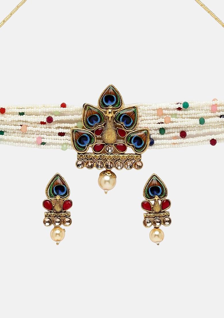 Gold Plated Stone Studded And Beaded Necklace And Earrings