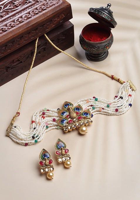 Gold Plated Stone Studded And Beaded Necklace And Earrings