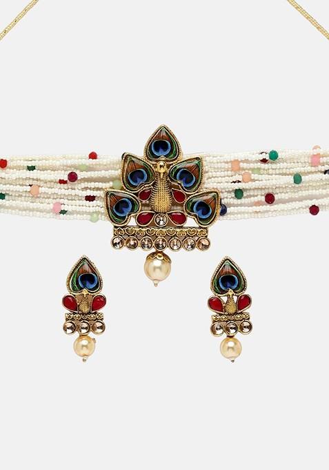 Gold Plated Stone Studded And Beaded Necklace And Earrings