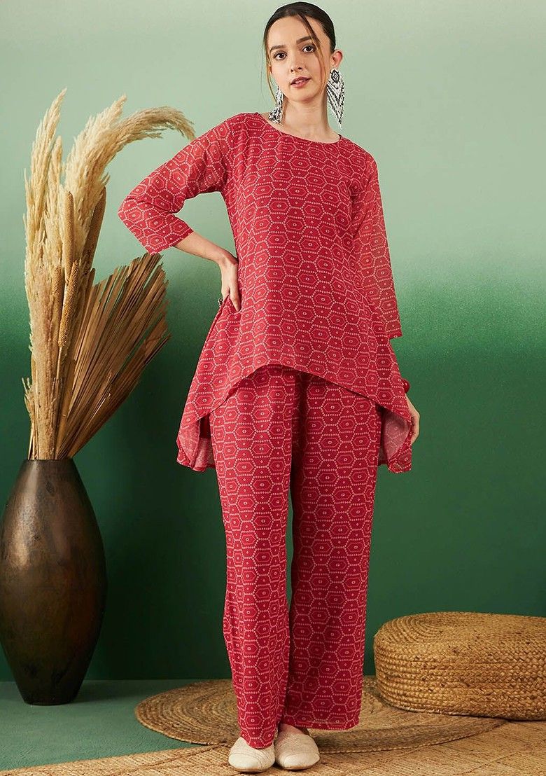 Buy Women Red Printed Round Neck Tunic With Trousers - 27376614 -  Feed-1to150UK - Indya