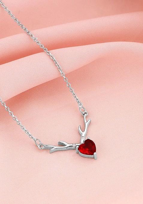 Indya X Giva 925 Sterling Silver Rhodium Plated Stone Studded Deer Heart Shape Minimal Necklace