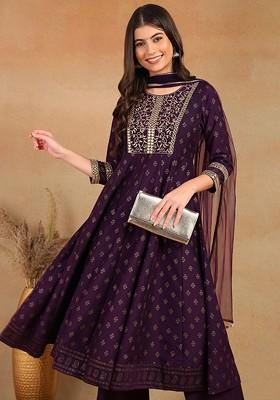 Ethnic Motifs Printed Anarkali Mirror Work Kurta With Trousers And Dupatta