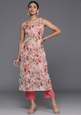 Floral Printed V-Neck Sleeveless Straight Kurta With Trousers