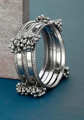 Set Of 5 Silver Plated German Silver Stone Studded Bangles