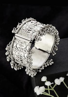German Silver Plated Floral Textured Geometric Shaped Bangle