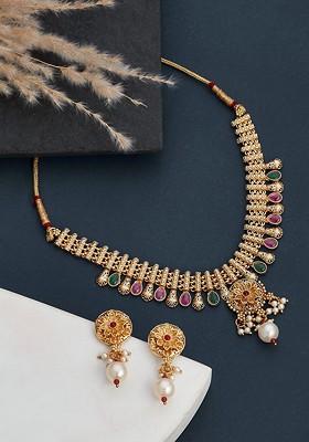 Gold Plated Stone Studded And Pearl Beaded Jewellery Set