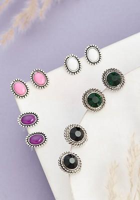 Set Of 5 Silver Plated Stone Studded And Beaded Contemporary Studs Earrings