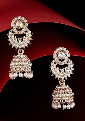 Rose Gold Plated Stone Studded And Beaded Contemporary Jhumkas