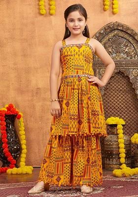 Ethnic Motifs Printed Mirror Work Sleeveless A Line Kurta With Sharara