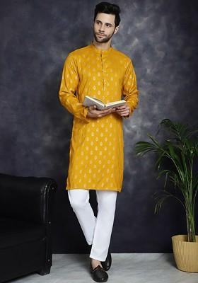 Mustard Yellow Ethnic Motifs Printed Mandarin Collar Kurta With Pyjamas