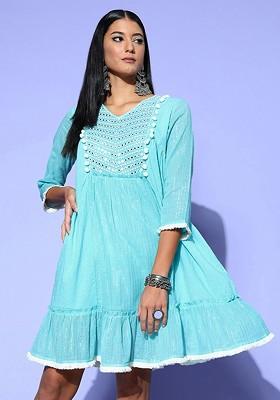 Striped Embroidered Round Neck Blouson Maxi A-line Dress