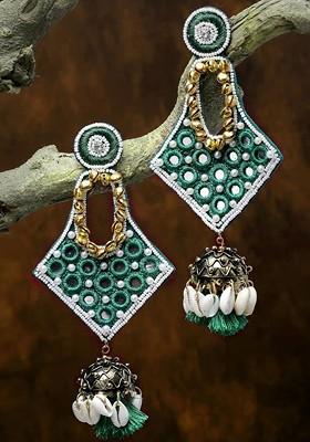 Gold Plated Mirror Work Beaded Classic Jhumkas